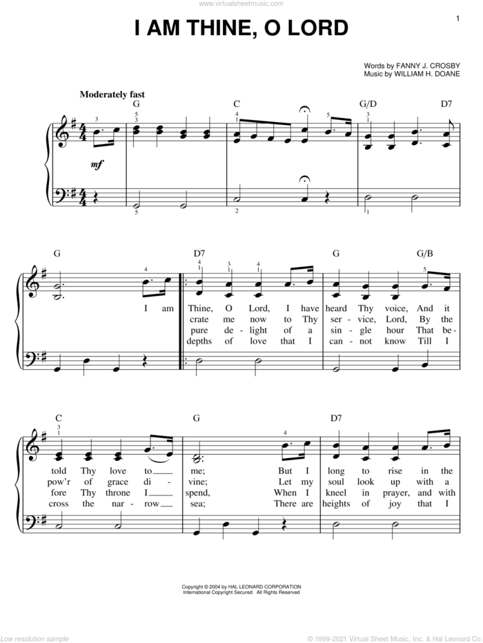 I Am Thine, O Lord sheet music for piano solo by Fanny J. Crosby and William H. Doane, easy skill level