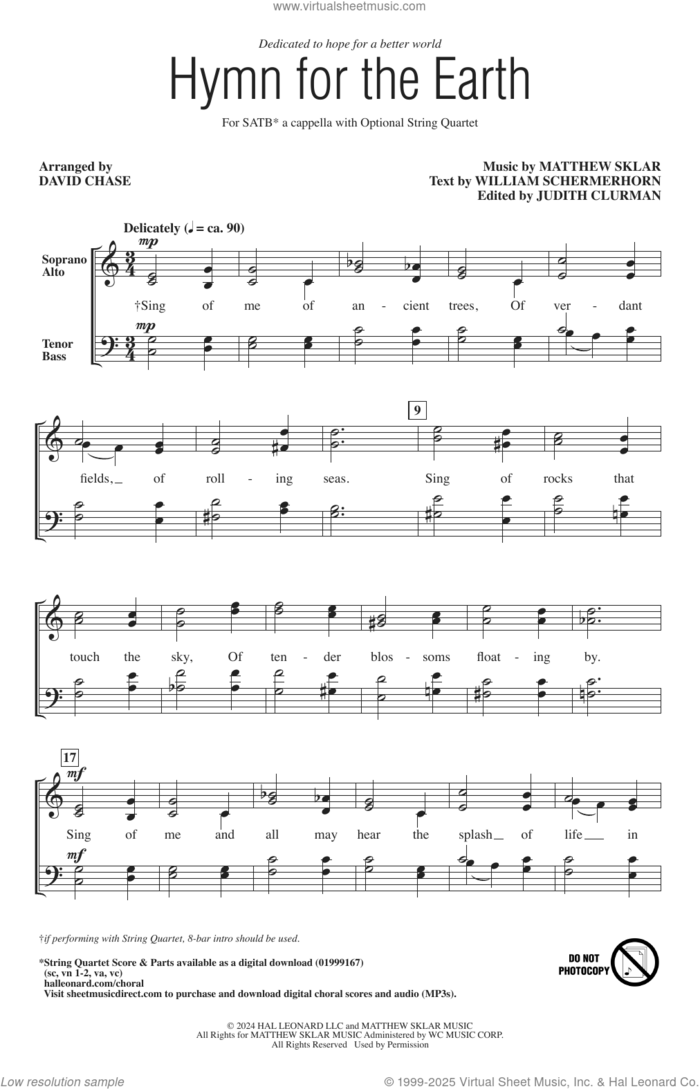 Hymn For The Earth (arr. David Chase) sheet music for choir (SATB: soprano, alto, tenor, bass) by Matthew Sklar, David Chase, Judith Clurman and William Schermerhorn, intermediate skill level