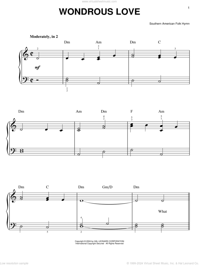 Wondrous Love, (easy) sheet music for piano solo, easy skill level