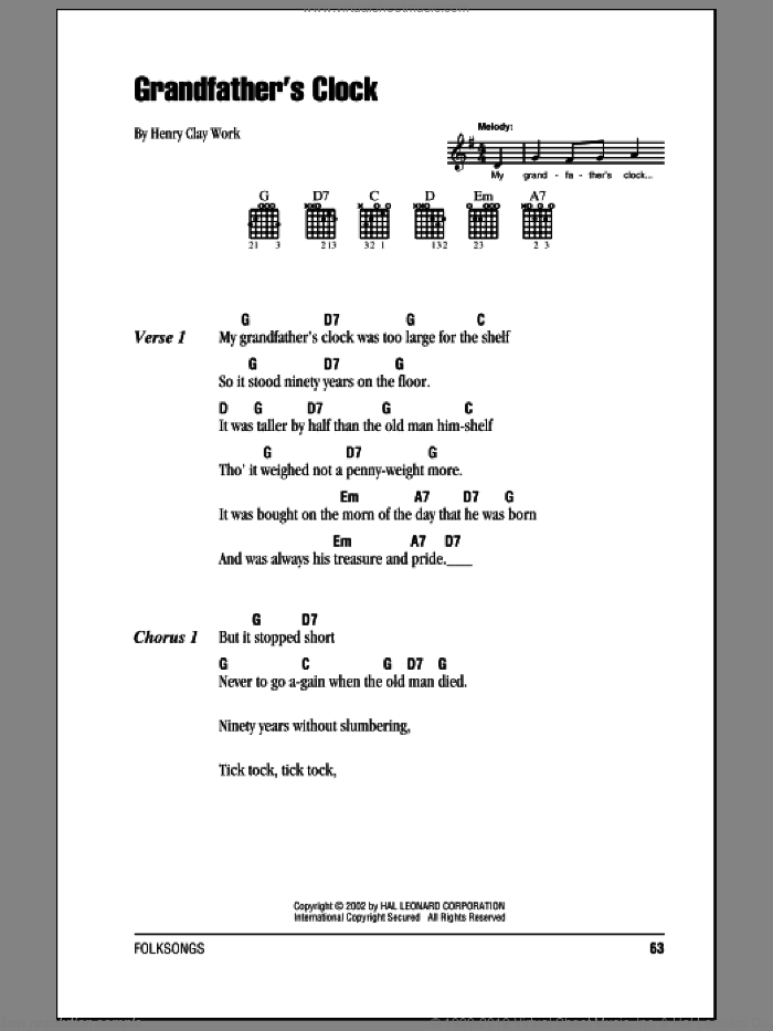 Grandfather's Clock sheet music for guitar (chords) by Henry Clay Work, intermediate skill level