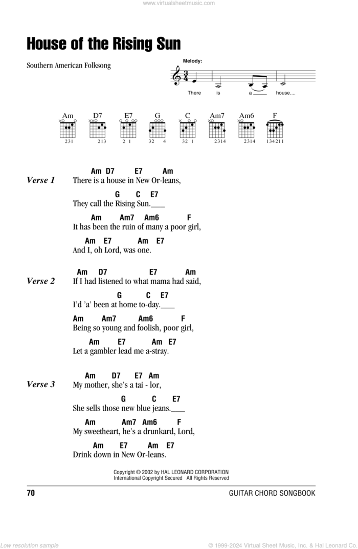 House Of The Rising Sun sheet music for guitar (chords), intermediate skill level