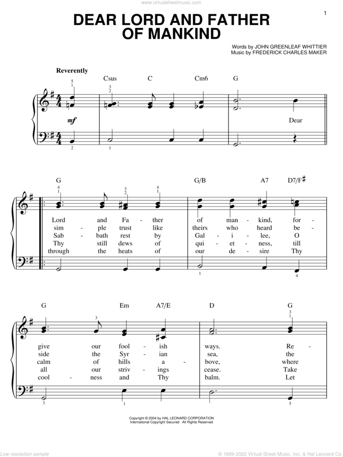 Dear Lord And Father Of Mankind sheet music for piano solo by John Greenleaf Whittier and Frederick Charles Maker, classical score, easy skill level