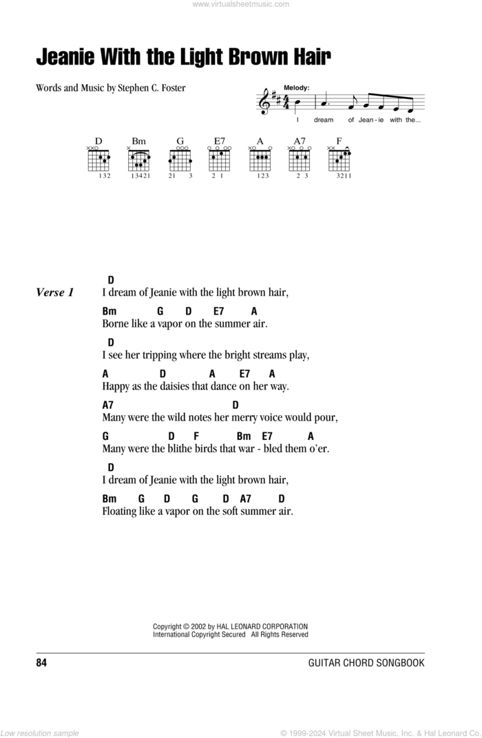 Jeanie With The Light Brown Hair sheet music for guitar (chords) by Stephen Foster, intermediate skill level