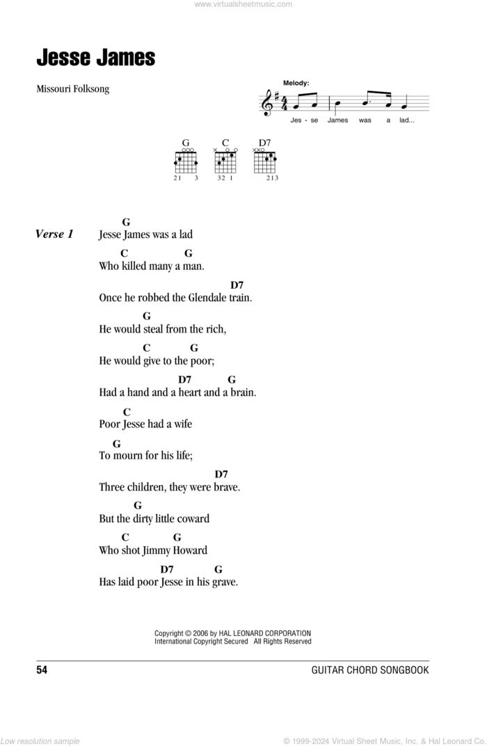 Jesse James sheet music for guitar (chords) by Missouri Folksong and Miscellaneous, intermediate skill level