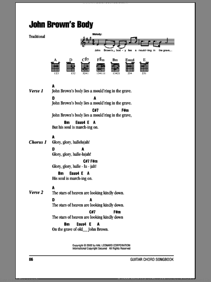 John Brown's Body sheet music for guitar (chords), intermediate skill level