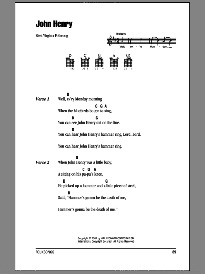 John Henry sheet music for guitar (chords) by West Virginia Folksong, intermediate skill level