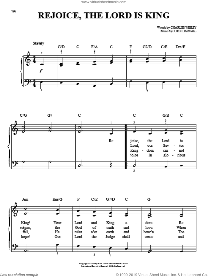 Rejoice, The Lord Is King sheet music for piano solo by Charles Wesley and John Darwall, easy skill level