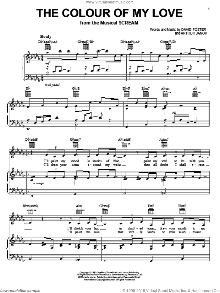 The Colour Of My Love sheet music for voice, piano or guitar by Celine Dion, Arthur Janov and David Foster, wedding score, intermediate skill level