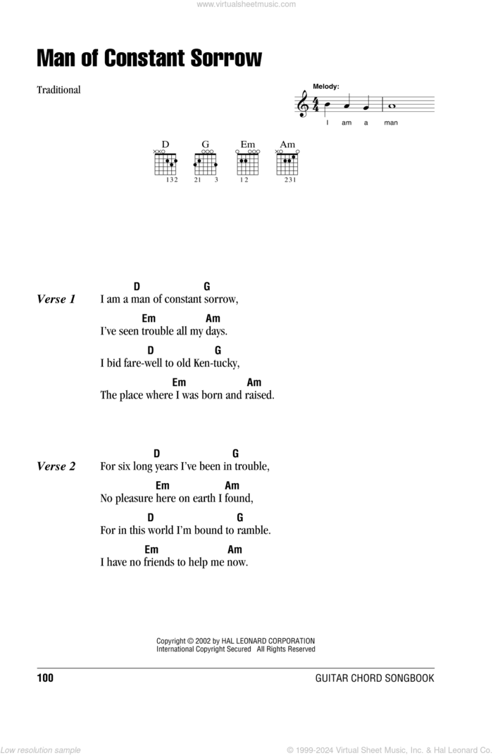 Man Of Constant Sorrow sheet music for guitar (chords) by The Soggy Bottom Boys, intermediate skill level