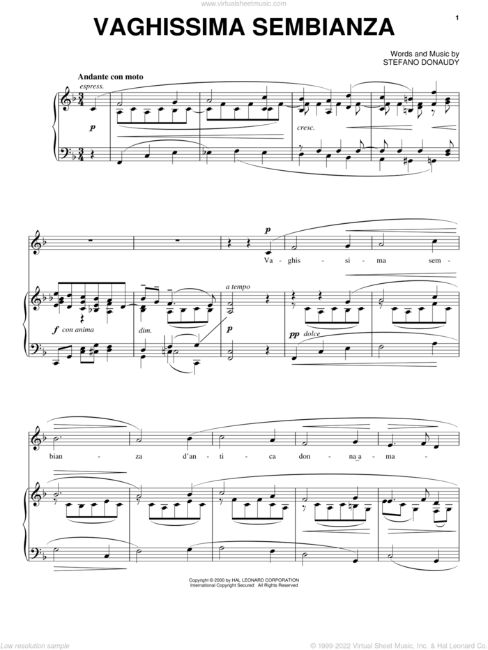 Vaghissima Sembianza sheet music for voice, piano or guitar by Stefano Donaudy, intermediate skill level