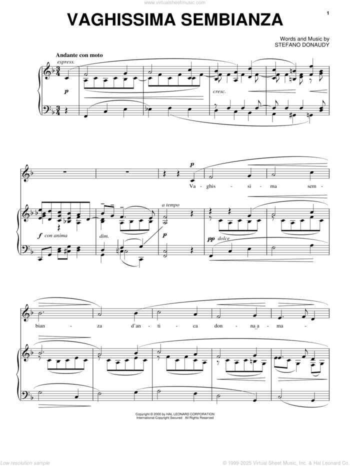 Vaghissima Sembianza sheet music for voice, piano or guitar by Stefano Donaudy, intermediate skill level