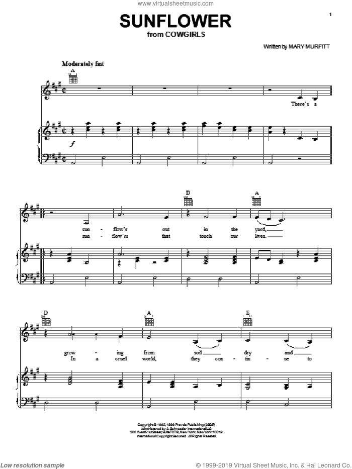 Sunflower sheet music for voice, piano or guitar by Mary Murfitt, intermediate skill level