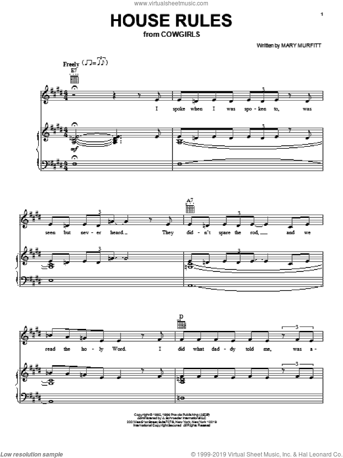 House Rules sheet music for voice, piano or guitar by Mary Murfitt, intermediate skill level
