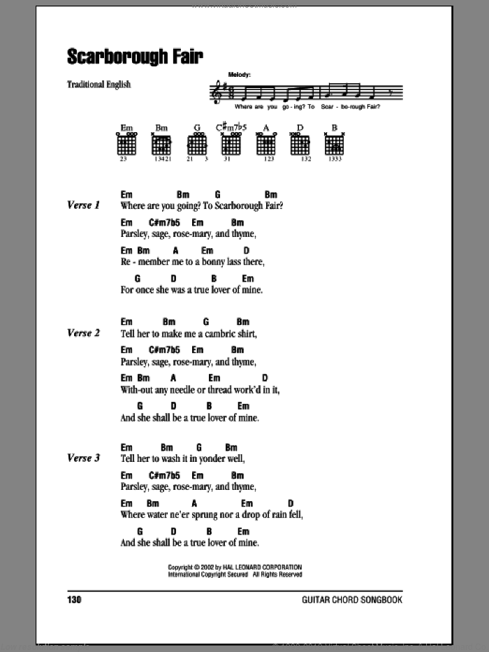 Scarborough Fair sheet music for guitar (chords) by Traditional English Ballad and Miscellaneous, intermediate skill level