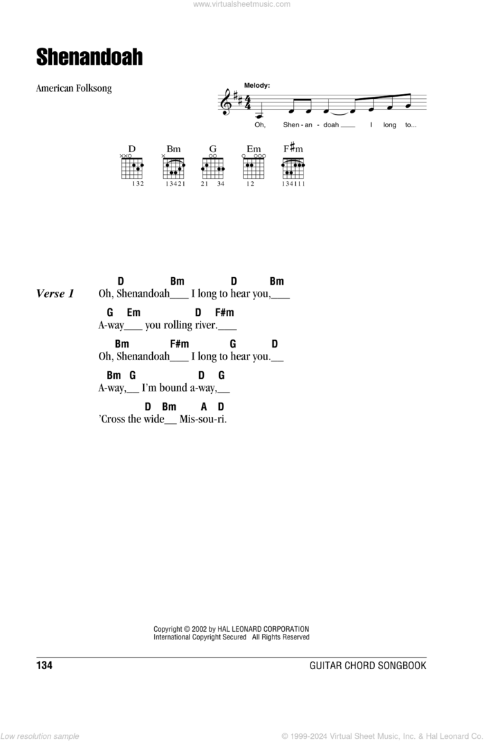 Shenandoah sheet music for guitar (chords) by American Folksong, intermediate skill level