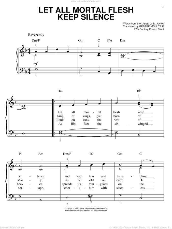 Let All Mortal Flesh Keep Silence, (easy) sheet music for piano solo by Anonymous, Gerard Moultrie, Liturgy Of St. James and Miscellaneous, classical score, easy skill level