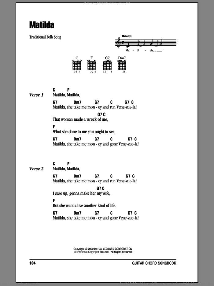 Matilda sheet music for guitar (chords), intermediate skill level