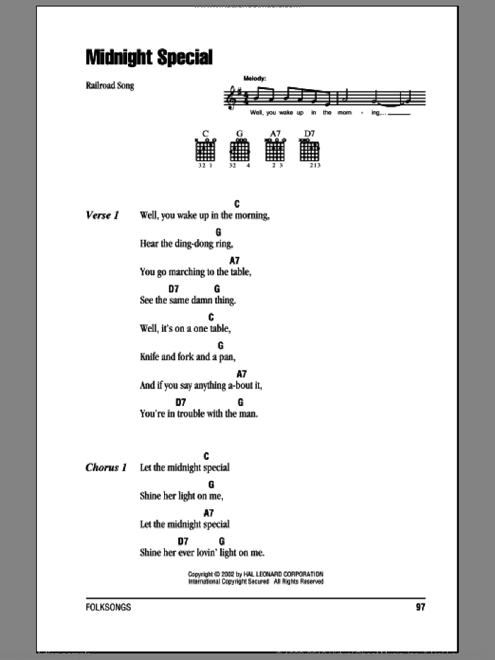Midnight Special sheet music for guitar (chords), intermediate skill level