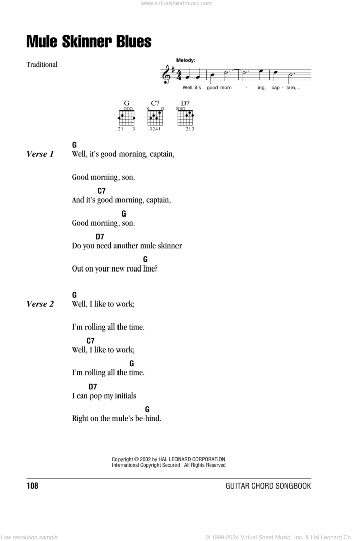 Mule Skinner Blues sheet music for guitar (chords) by Jimmie Rodgers, intermediate skill level