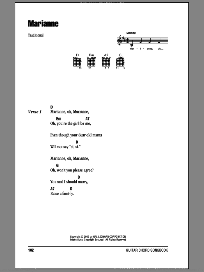 Marianne sheet music for guitar (chords), intermediate skill level