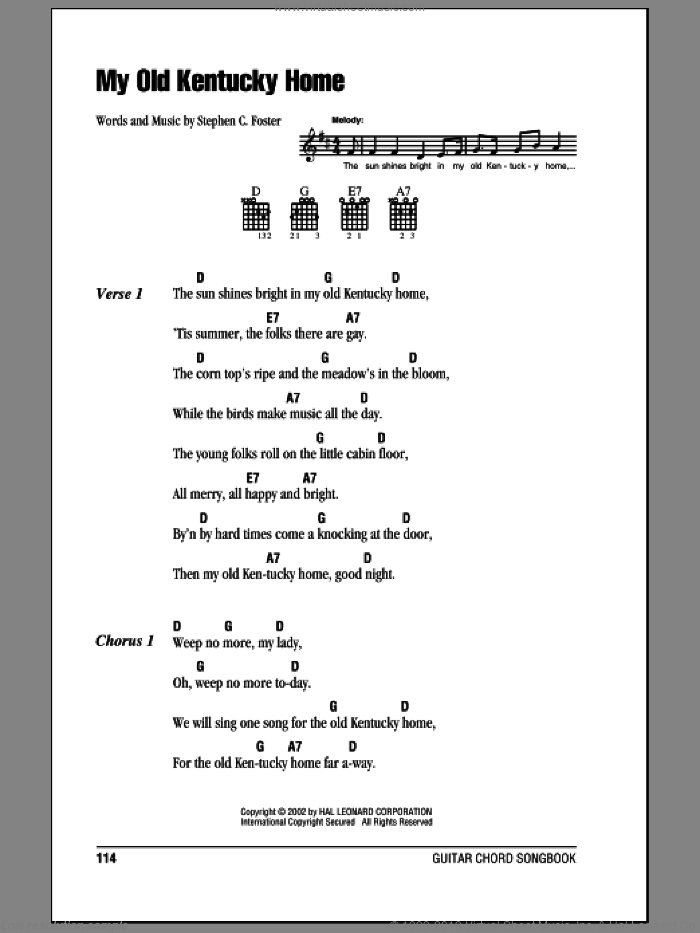My Old Kentucky Home sheet music for guitar (chords) by Stephen Foster, intermediate skill level