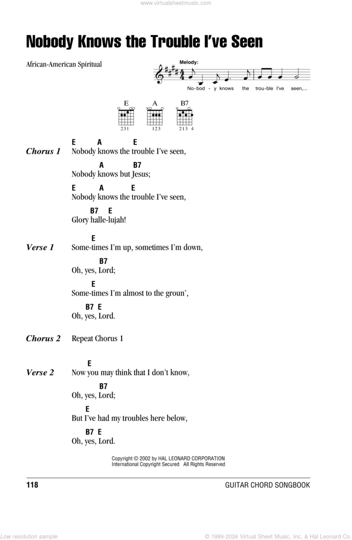 Nobody Knows The Trouble I've Seen sheet music for guitar (chords), intermediate skill level