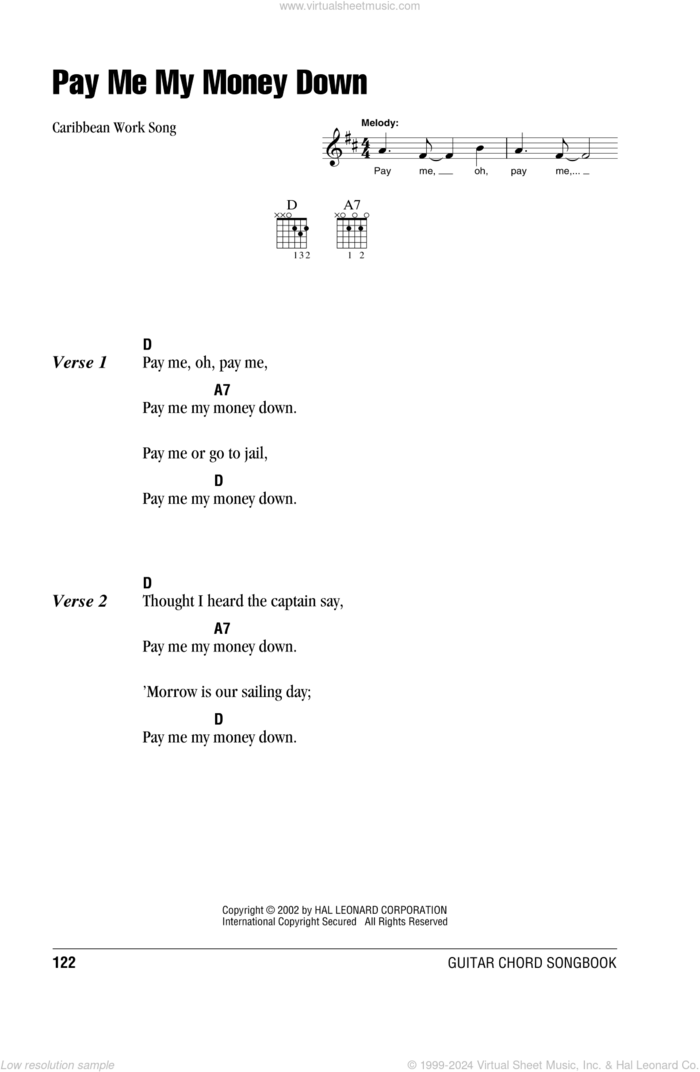 Pay Me My Money Down sheet music for guitar (chords) by Caribbean Work Song, intermediate skill level