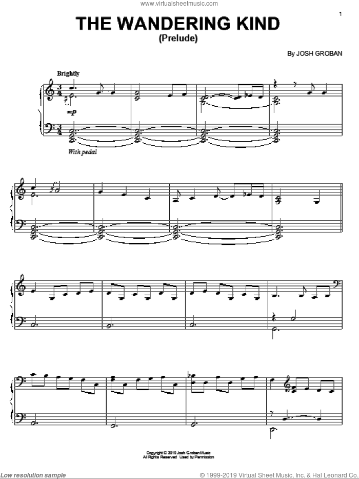 The Wandering Kind (Prelude), (intermediate) sheet music for piano solo by Josh Groban, intermediate skill level