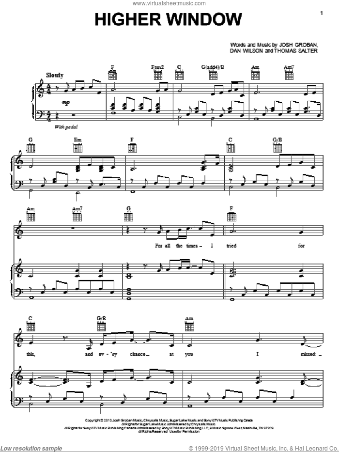 Higher Window sheet music for voice, piano or guitar by Josh Groban, Dan Wilson and Thomas Salter, intermediate skill level