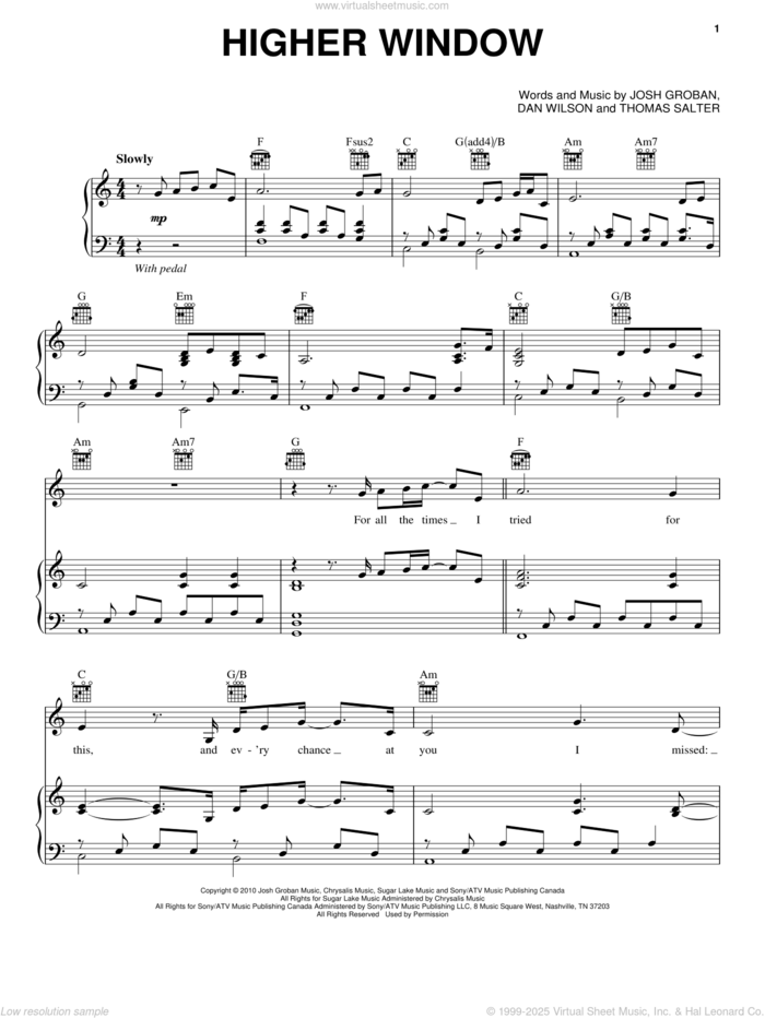 Higher Window sheet music for voice, piano or guitar by Josh Groban, Dan Wilson and Thomas Salter, intermediate skill level