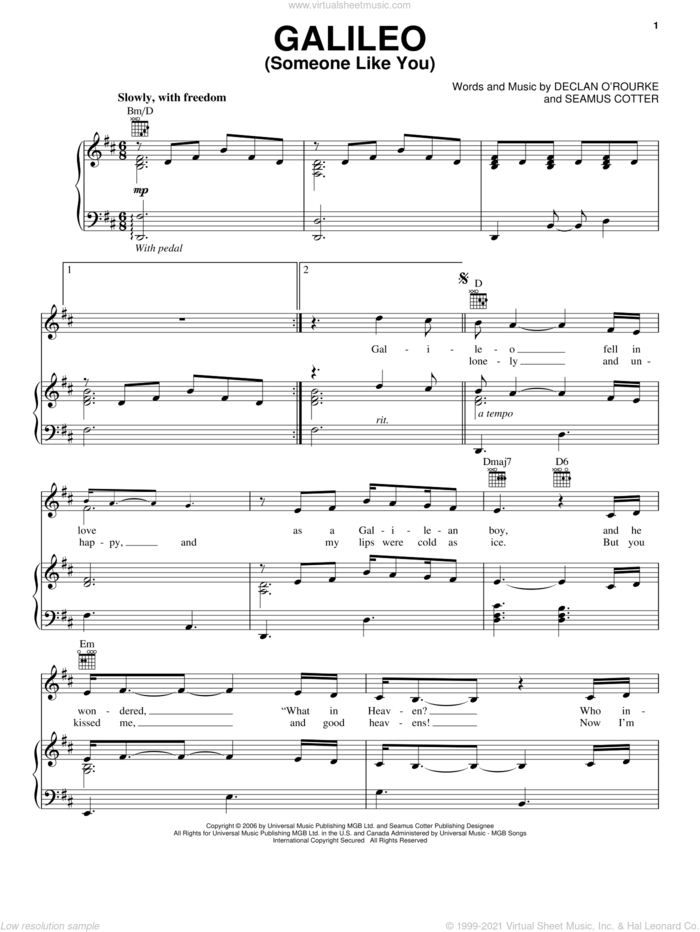 Galileo (Someone Like You) sheet music for voice, piano or guitar by Josh Groban and Seamus Cotter, intermediate skill level