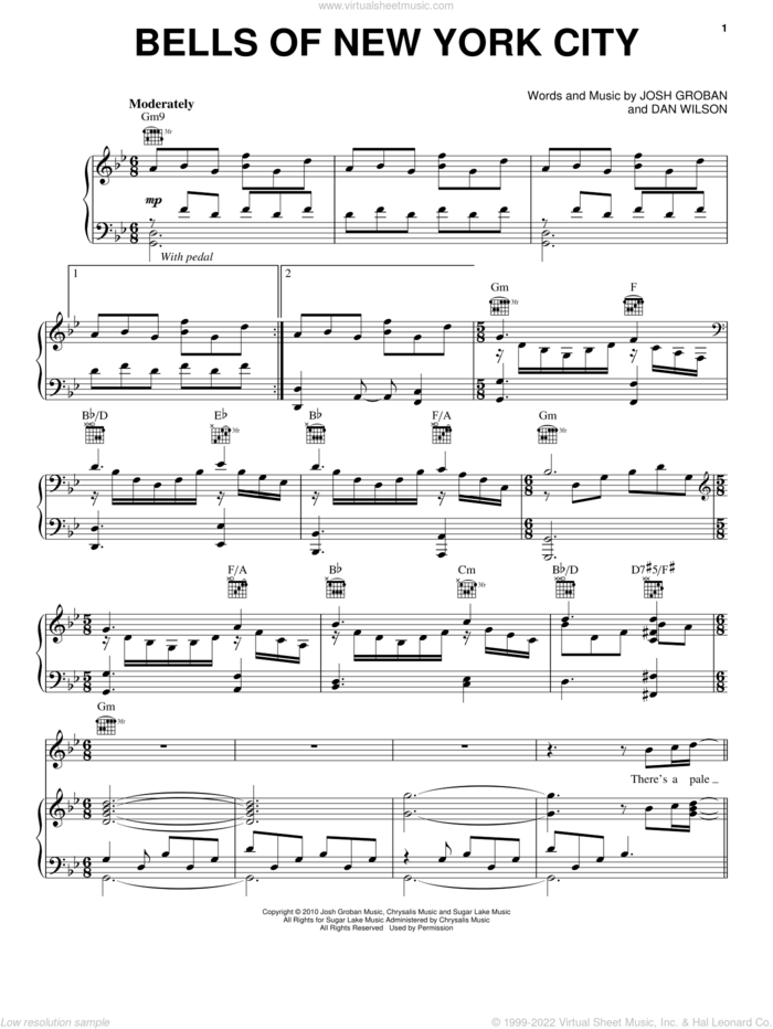 Bells Of New York City sheet music for voice, piano or guitar by Josh Groban and Dan Wilson, intermediate skill level