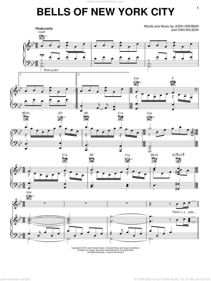 Bells Of New York City sheet music for voice, piano or guitar by Josh Groban and Dan Wilson, intermediate skill level