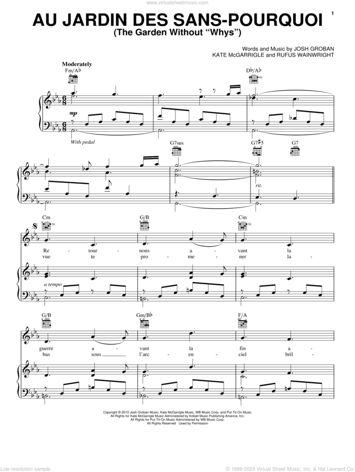 Au Jardin Des Sans-Pourquoi (The Garden Without 'Whys') sheet music for voice, piano or guitar by Josh Groban, Kate McGarrigle and Rufus Wainwright, intermediate skill level