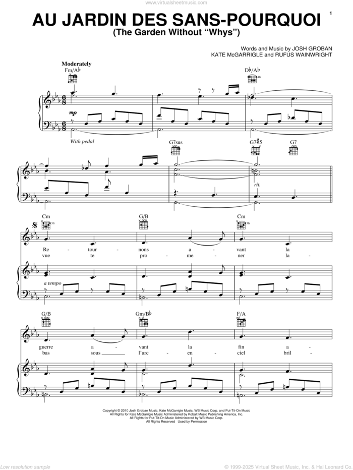 Au Jardin Des Sans-Pourquoi (The Garden Without 'Whys') sheet music for voice, piano or guitar by Josh Groban, Kate McGarrigle and Rufus Wainwright, intermediate skill level