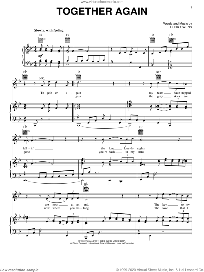 Together Again sheet music for voice, piano or guitar by Emmylou Harris and Buck Owens, intermediate skill level
