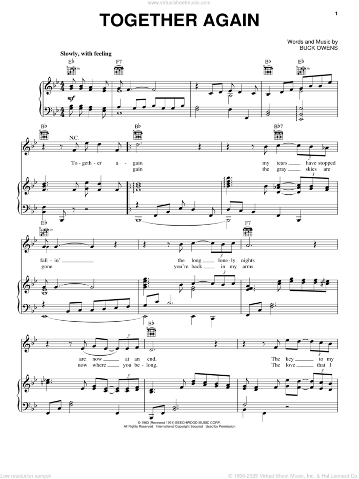 Together Again sheet music for voice, piano or guitar by Emmylou Harris and Buck Owens, intermediate skill level