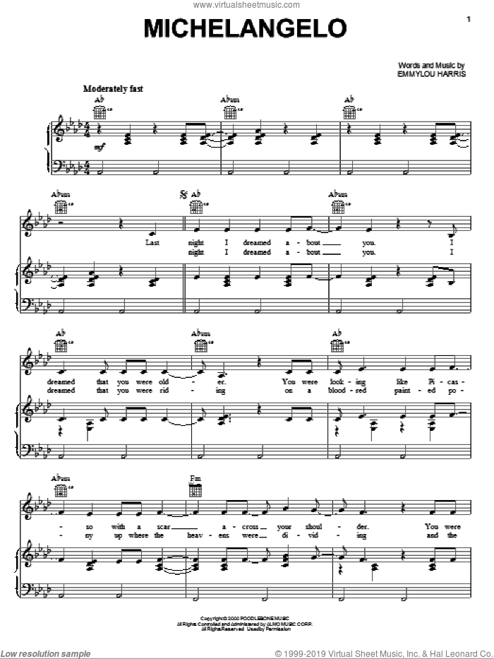 Michelangelo sheet music for voice, piano or guitar by Emmylou Harris, intermediate skill level