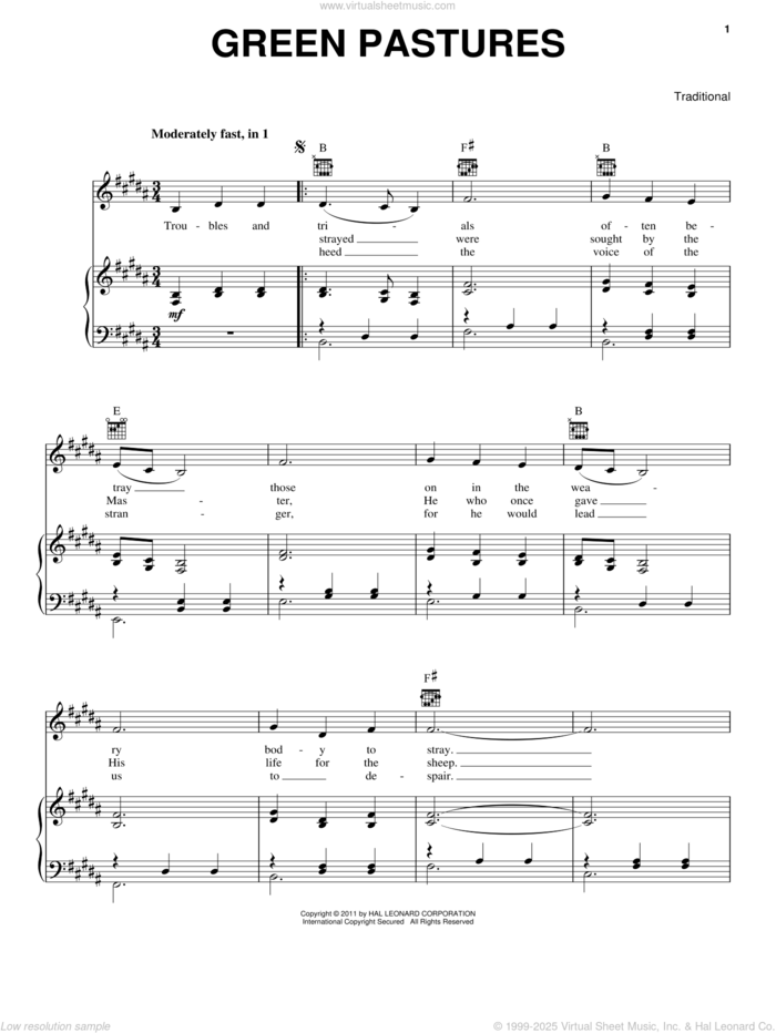 Green Pastures sheet music for voice, piano or guitar by Emmylou Harris and Miscellaneous, intermediate skill level