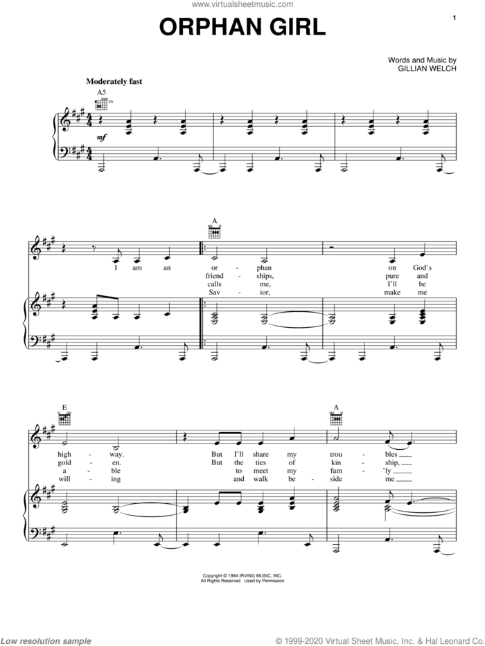 Orphan Girl sheet music for voice, piano or guitar by Emmylou Harris and Gillian Welch, intermediate skill level