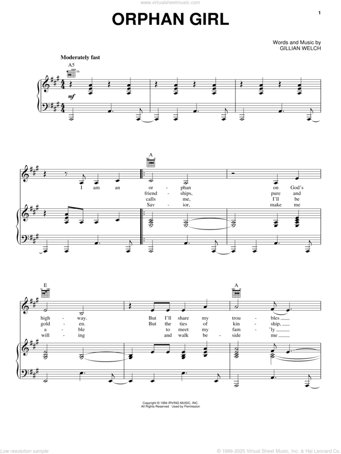 Orphan Girl sheet music for voice, piano or guitar by Emmylou Harris and Gillian Welch, intermediate skill level