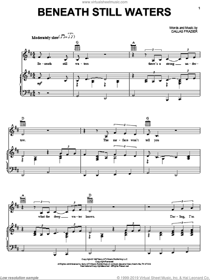 Beneath Still Waters sheet music for voice, piano or guitar by Emmylou Harris and Dallas Frazier, intermediate skill level
