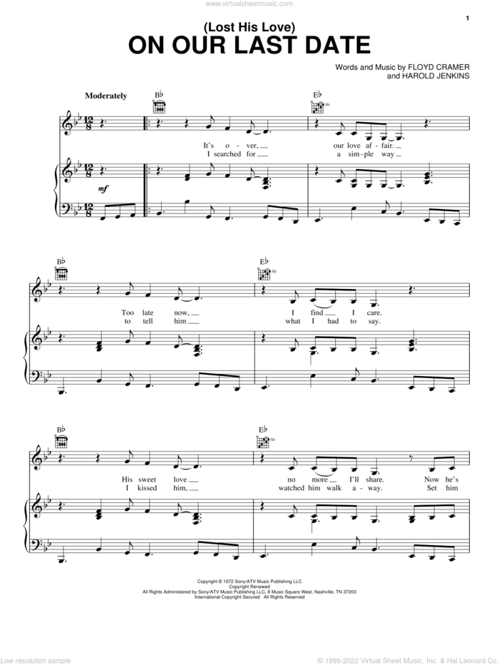 (Lost Her Love) On Our Last Date sheet music for voice, piano or guitar by Emmylou Harris, Conway Twitty, Floyd Cramer and Harold Jenkins, intermediate skill level