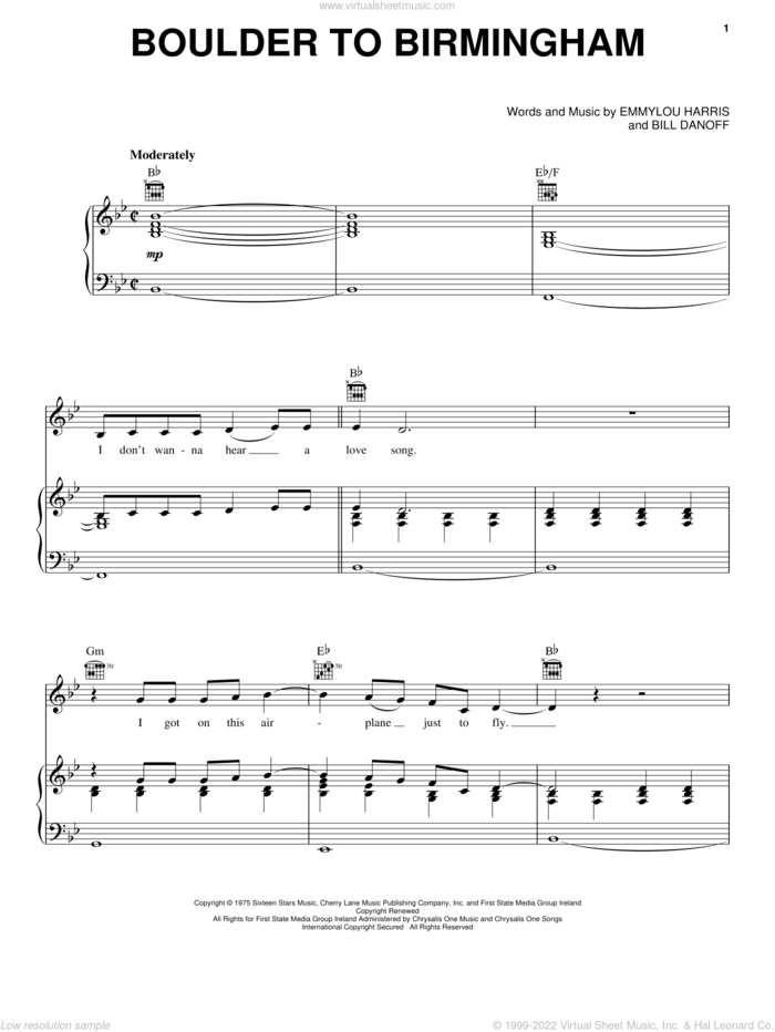 Boulder To Birmingham sheet music for voice, piano or guitar by Emmylou Harris and Bill Danoff, intermediate skill level