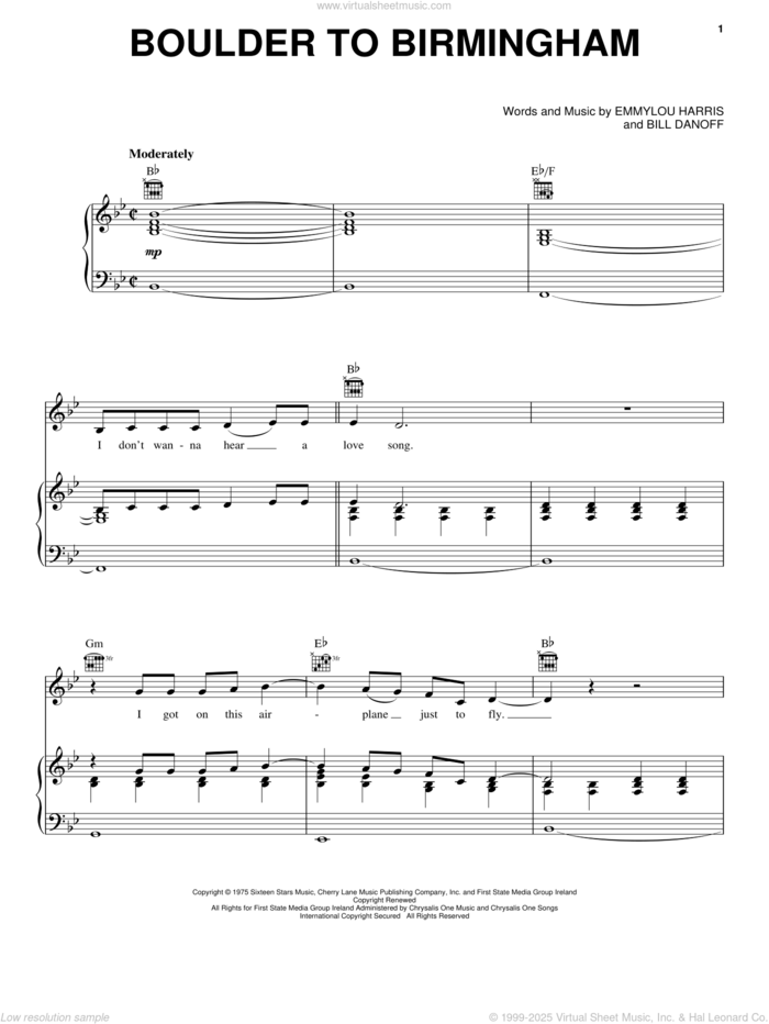 Boulder To Birmingham sheet music for voice, piano or guitar by Emmylou Harris and Bill Danoff, intermediate skill level