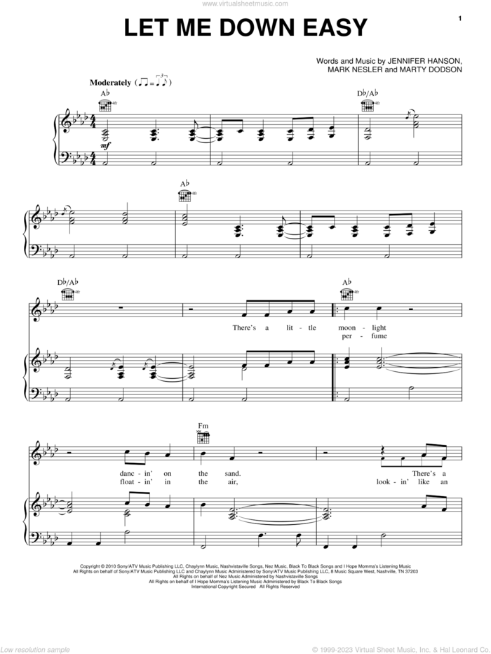 Let Me Down Easy sheet music for voice, piano or guitar by Billy Currington, Jennifer Hanson, Mark Nesler and Martin Dodson, intermediate skill level