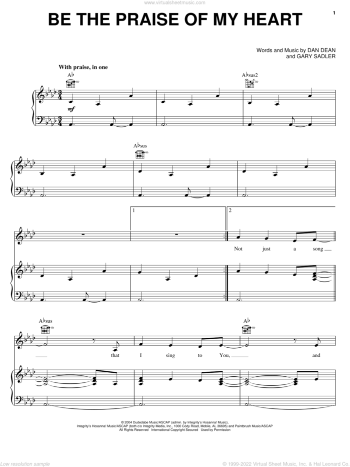 Be The Praise Of My Heart sheet music for voice, piano or guitar by Phillips, Craig & Dean, Dan Dean and Gary Sadler, intermediate skill level