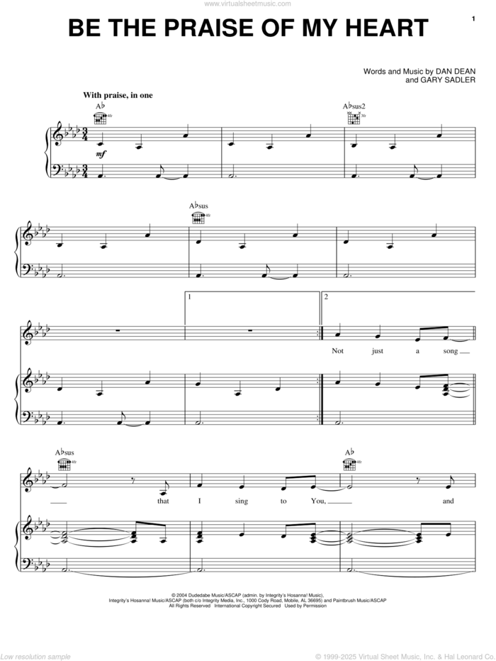 Be The Praise Of My Heart sheet music for voice, piano or guitar by Phillips, Craig & Dean, Dan Dean and Gary Sadler, intermediate skill level