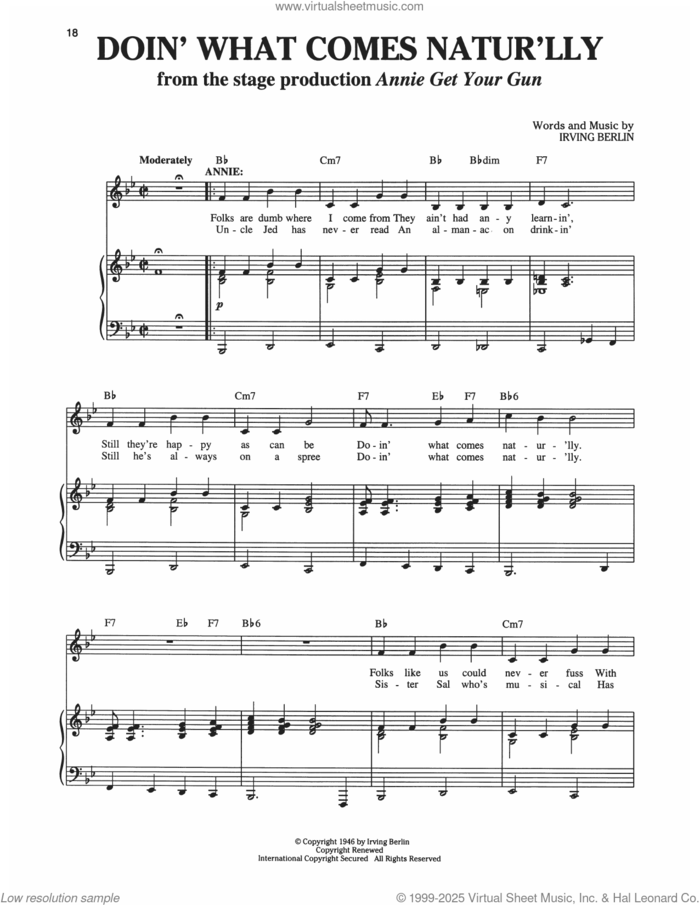 Doin' What Comes Natur'lly (from Annie Get Your Gun) sheet music for voice and piano by Irving Berlin and Richard Walters, intermediate skill level