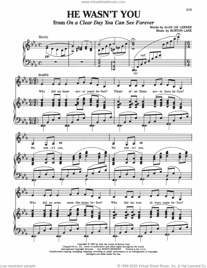 He Wasn't You (from On A Clear Day You Can See Forever) sheet music for voice and piano by Alan Jay Lerner, Richard Walters and Burton Lane, intermediate skill level